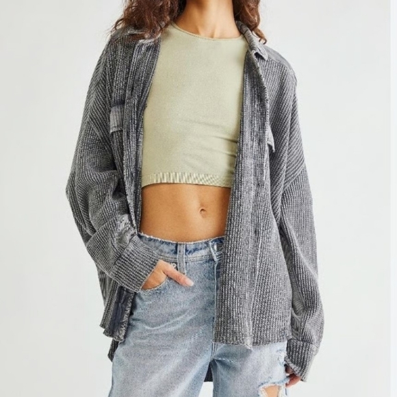 Fp One Tops - 💎 Free People One Women's Top Scout Jacket Slouchy Waffle Thermal Oversized